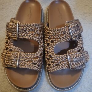 Brown Woven Slide Sandals with Buckles